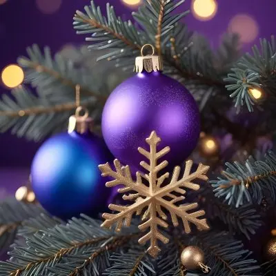 Minimal Soft Studio Light Photography Christmas Tree Branches With A Blue Ornament And Golden Snowflake Decorations Surrounded By Soft Glowing Bokeh Lights In A Purple Background High Detail Solid Bold Color Backgrou 11 Ac90