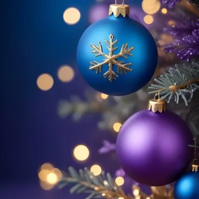 Minimal Soft Studio Light Photography Christmas Tree Branches With A Blue Ornament And Golden Snowflake Decorations Surrounded By Soft Glowing Bokeh Lights In A Purple Background High Detail Solid Bold Color Backgrou 14 7f0d