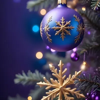 Minimal Soft Studio Light Photography Christmas Tree Branches With A Blue Ornament And Golden Snowflake Decorations Surrounded By Soft Glowing Bokeh Lights In A Purple Background High Detail Solid Bold Color Backgrou 20 9dde