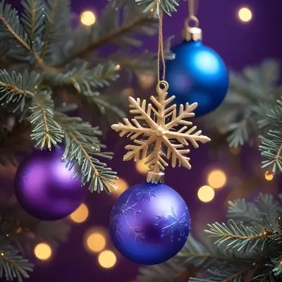 Minimal Soft Studio Light Photography Christmas Tree Branches With A Blue Ornament And Golden Snowflake Decorations Surrounded By Soft Glowing Bokeh Lights In A Purple Background High Detail Solid Bold Color Backgrou 22 E951