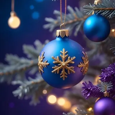 Minimal Soft Studio Light Photography Christmas Tree Branches With A Blue Ornament And Golden Snowflake Decorations Surrounded By Soft Glowing Bokeh Lights In A Purple Background High Detail Solid Bold Color Backgrou 23 3cff