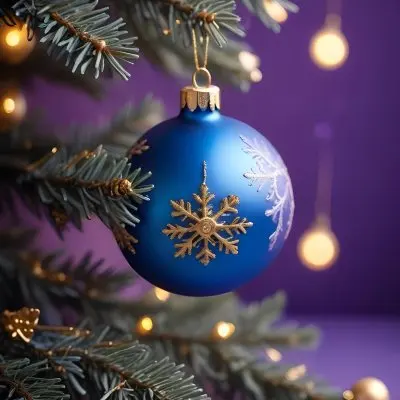Minimal Soft Studio Light Photography Christmas Tree Branches With A Blue Ornament And Golden Snowflake Decorations Surrounded By Soft Glowing Bokeh Lights In A Purple Background High Detail Solid Bold Color Backgrou 26 62c8