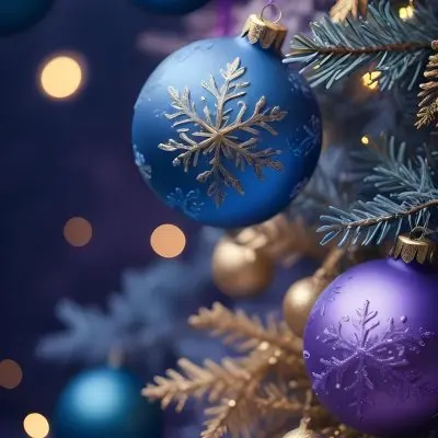 Minimal Soft Studio Light Photography Christmas Tree Branches With A Blue Ornament And Golden Snowflake Decorations Surrounded By Soft Glowing Bokeh Lights In A Purple Background High Detail Solid Bold Color Backgrou 27 547f