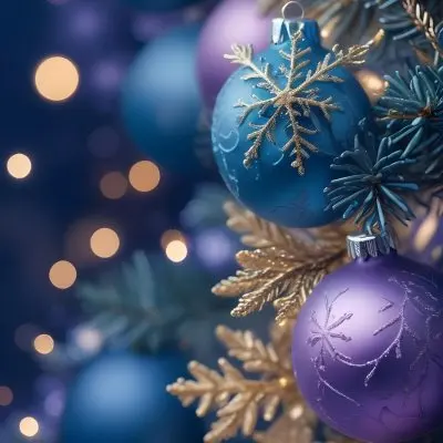 Minimal Soft Studio Light Photography Christmas Tree Branches With A Blue Ornament And Golden Snowflake Decorations Surrounded By Soft Glowing Bokeh Lights In A Purple Background High Detail Solid Bold Color Backgrou 28 Be34