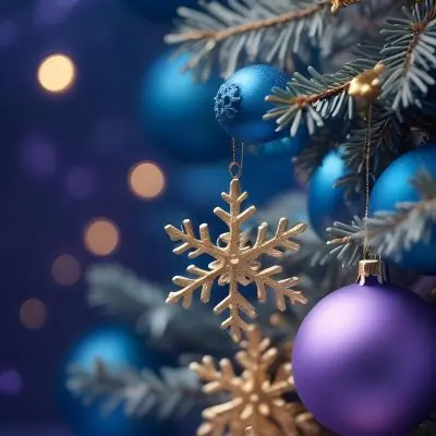 Minimal Soft Studio Light Photography Christmas Tree Branches With A Blue Ornament And Golden Snowflake Decorations Surrounded By Soft Glowing Bokeh Lights In A Purple Background High Detail Solid Bold Color Backgrou 31 1842