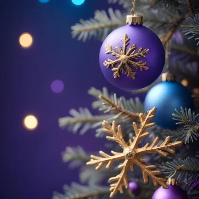 Minimal Soft Studio Light Photography Christmas Tree Branches With A Blue Ornament And Golden Snowflake Decorations Surrounded By Soft Glowing Bokeh Lights In A Purple Background High Detail Solid Bold Color Backgrou 4 6664