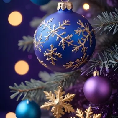Minimal Soft Studio Light Photography Christmas Tree Branches With A Blue Ornament And Golden Snowflake Decorations Surrounded By Soft Glowing Bokeh Lights In A Purple Background High Detail Solid Bold Color Backgrou 5 2b06