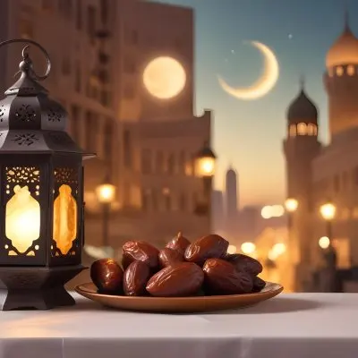 Ramadan Lantern And Dates On A Plate City Buildings In The Background With A Crescent Moon In The Sky Warm Lighting Festive Atmosphere 18 Eb56
