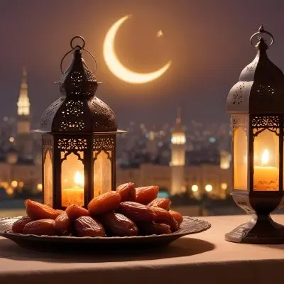 Ramadan Lantern And Dates On A Plate City Buildings In The Background With A Crescent Moon In The Sky Warm Lighting Festive Atmosphere 19 B8eb