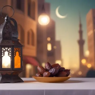 Ramadan Lantern And Dates On A Plate City Buildings In The Background With A Crescent Moon In The Sky Warm Lighting Festive Atmosphere 2 D15f