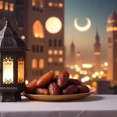 Ramadan Lantern And Dates On A Plate City Buildings In The Background With A Crescent Moon In The Sky Warm Lighting Festive Atmosphere 20 1dac