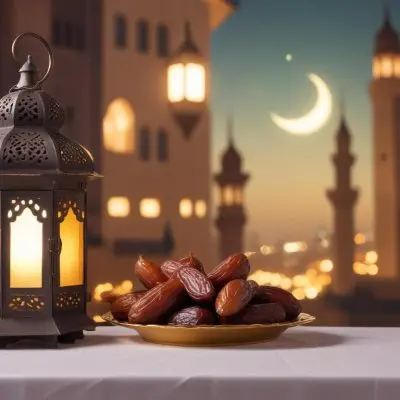 Ramadan Lantern And Dates On A Plate City Buildings In The Background With A Crescent Moon In The Sky Warm Lighting Festive Atmosphere 21 78cd