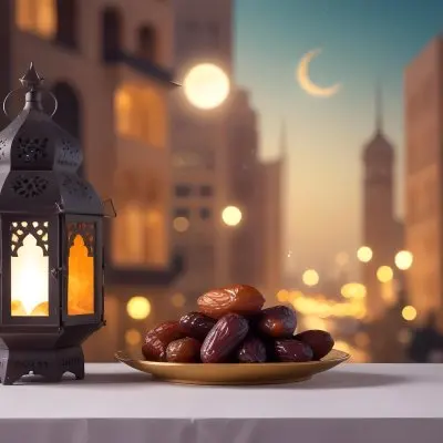 Ramadan Lantern And Dates On A Plate City Buildings In The Background With A Crescent Moon In The Sky Warm Lighting Festive Atmosphere 22 8db7