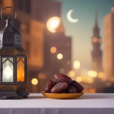 Ramadan Lantern And Dates On A Plate City Buildings In The Background With A Crescent Moon In The Sky Warm Lighting Festive Atmosphere 4 7473