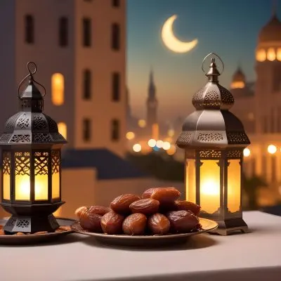 Ramadan Lantern And Dates On A Plate City Buildings In The Background With A Crescent Moon In The Sky Warm Lighting Festive Atmosphere 5 8525