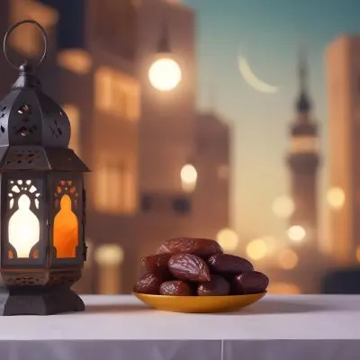 Ramadan Lantern And Dates On A Plate City Buildings In The Background With A Crescent Moon In The Sky Warm Lighting Festive Atmosphere 6 1e3e
