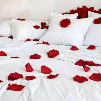 White Bed With Red Pillows And Sheets Covered With Red Rose Petals In A Bedroom 11 D8a8