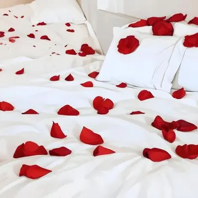White Bed With Red Pillows And Sheets Covered With Red Rose Petals In A Bedroom 17 8b07