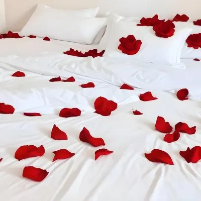 White Bed With Red Pillows And Sheets Covered With Red Rose Petals In A Bedroom 18 Ea1a
