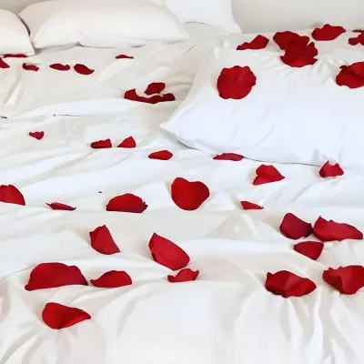 White Bed With Red Pillows And Sheets Covered With Red Rose Petals In A Bedroom 2 0b35