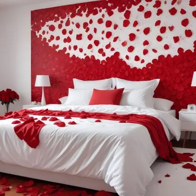 White Bed With Red Pillows And Sheets Covered With Red Rose Petals In A Bedroom 20 3771