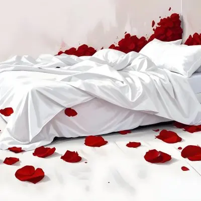 White Bed With Red Pillows And Sheets Covered With Red Rose Petals In A Bedroom 21 6ebc