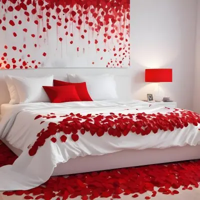 White Bed With Red Pillows And Sheets Covered With Red Rose Petals In A Bedroom 22 Ec74