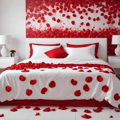 White Bed With Red Pillows And Sheets Covered With Red Rose Petals In A Bedroom 23 8ccb