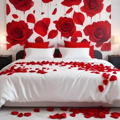 White Bed With Red Pillows And Sheets Covered With Red Rose Petals In A Bedroom 25 Fd6d