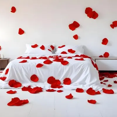 White Bed With Red Pillows And Sheets Covered With Red Rose Petals In A Bedroom 27 819e