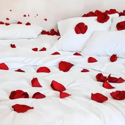 White Bed With Red Pillows And Sheets Covered With Red Rose Petals In A Bedroom 6 D1bd