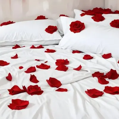 White Bed With Red Pillows And Sheets Covered With Red Rose Petals In A Bedroom 8 3a09