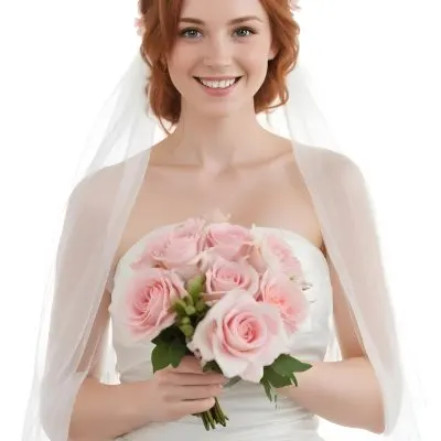Young Caucasian Woman Approximately 25 Years Old With Wavy Shoulder Length Auburn Hair Wearing A Strapless White Wedding Dress And A Veil She Is Smiling And Holding A Bouquet Of Pink Flowers With Greenery The Backg 3 4ee0