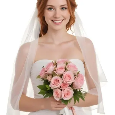 Young Caucasian Woman Approximately 25 Years Old With Wavy Shoulder Length Auburn Hair Wearing A Strapless White Wedding Dress And A Veil She Is Smiling And Holding A Bouquet Of Pink Flowers With Greenery The Backg 4489
