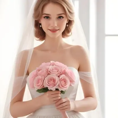 Young Caucasian Woman In Her 20s With Light Brown Hair Wearing A Strapless White Wedding Dress And A Veil Holding A Bouquet Of Pink Flowers The Background Is Bright And Softly Lit 1 Ed0e