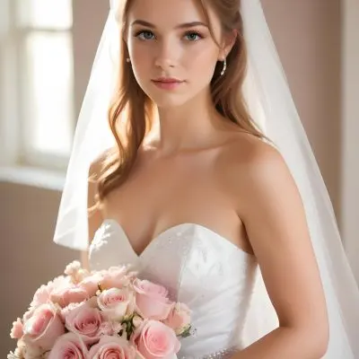 Young Caucasian Woman In Her 20s With Light Brown Hair Wearing A Strapless White Wedding Dress And A Veil Holding A Bouquet Of Pink Flowers The Background Is Bright And Softly Lit 10 573d