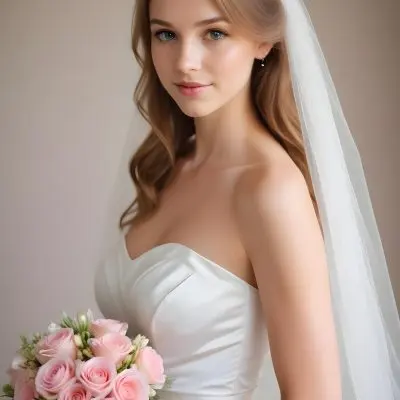 Young Caucasian Woman In Her 20s With Light Brown Hair Wearing A Strapless White Wedding Dress And A Veil Holding A Bouquet Of Pink Flowers The Background Is Bright And Softly Lit 11 Ec46
