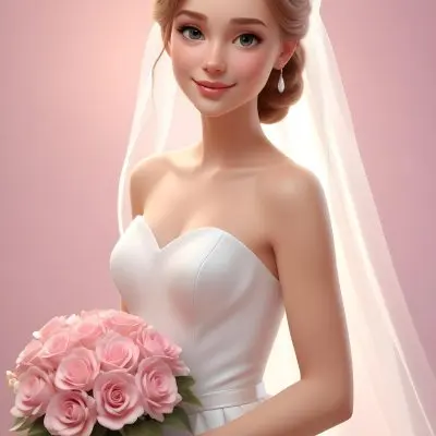 Young Caucasian Woman In Her 20s With Light Brown Hair Wearing A Strapless White Wedding Dress And A Veil Holding A Bouquet Of Pink Flowers The Background Is Bright And Softly Lit 2 5be3