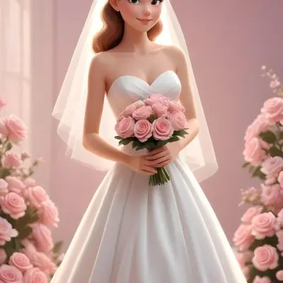 Young Caucasian Woman In Her 20s With Light Brown Hair Wearing A Strapless White Wedding Dress And A Veil Holding A Bouquet Of Pink Flowers The Background Is Bright And Softly Lit 3 0f9a