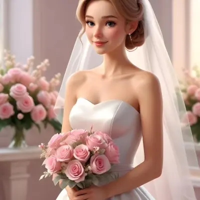 Young Caucasian Woman In Her 20s With Light Brown Hair Wearing A Strapless White Wedding Dress And A Veil Holding A Bouquet Of Pink Flowers The Background Is Bright And Softly Lit 4 F96e