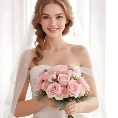 Young Caucasian Woman In Her 20s With Light Brown Hair Wearing A Strapless White Wedding Dress And A Veil Holding A Bouquet Of Pink Flowers The Background Is Bright And Softly Lit 5 8c79