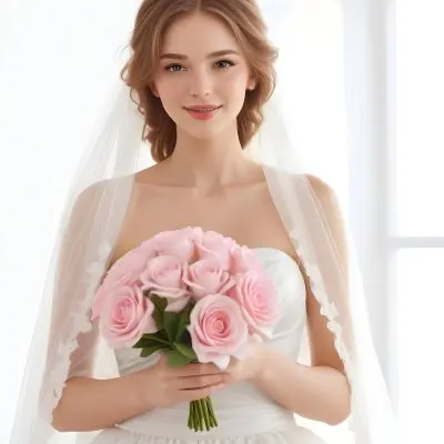 Young Caucasian Woman In Her 20s With Light Brown Hair Wearing A Strapless White Wedding Dress And A Veil Holding A Bouquet Of Pink Flowers The Background Is Bright And Softly Lit 6 309b