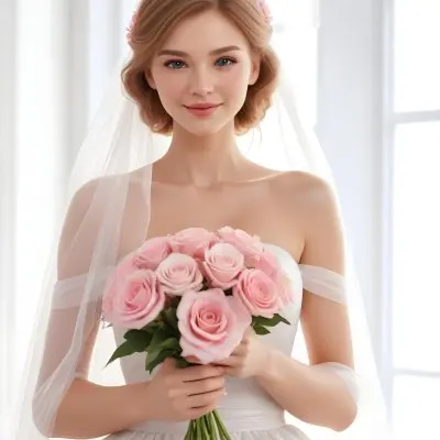 Young Caucasian Woman In Her 20s With Light Brown Hair Wearing A Strapless White Wedding Dress And A Veil Holding A Bouquet Of Pink Flowers The Background Is Bright And Softly Lit 7 Fcce
