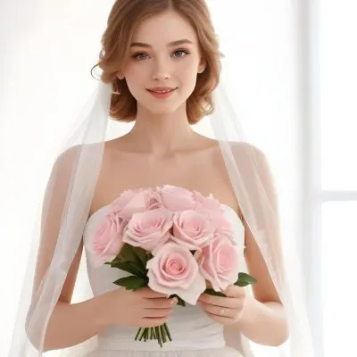 Young Caucasian Woman In Her 20s With Light Brown Hair Wearing A Strapless White Wedding Dress And A Veil Holding A Bouquet Of Pink Flowers The Background Is Bright And Softly Lit 8 B5fc