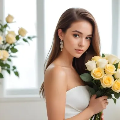 Young Woman With Light Skin And Long Brown Hair Wearing A Strapless White Dress And Large Earrings Holding A Bouquet Of White And Yellow Roses The Background Features Soft Blurred Greenery And Floral Arrangements 10 587c