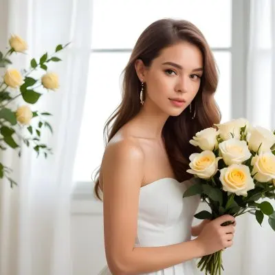 Young Woman With Light Skin And Long Brown Hair Wearing A Strapless White Dress And Large Earrings Holding A Bouquet Of White And Yellow Roses The Background Features Soft Blurred Greenery And Floral Arrangements 12 C49c