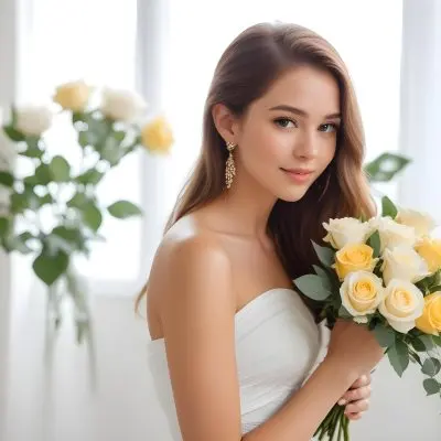 Young Woman With Light Skin And Long Brown Hair Wearing A Strapless White Dress And Large Earrings Holding A Bouquet Of White And Yellow Roses The Background Features Soft Blurred Greenery And Floral Arrangements 13 Ac87