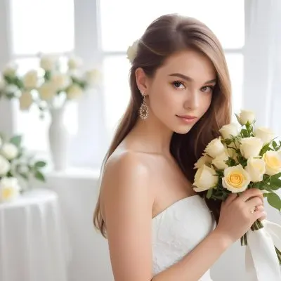 Young Woman With Light Skin And Long Brown Hair Wearing A Strapless White Dress And Large Earrings Holding A Bouquet Of White And Yellow Roses The Background Features Soft Blurred Greenery And Floral Arrangements 14 Aa6e