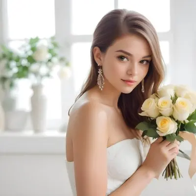 Young Woman With Light Skin And Long Brown Hair Wearing A Strapless White Dress And Large Earrings Holding A Bouquet Of White And Yellow Roses The Background Features Soft Blurred Greenery And Floral Arrangements 16 48c9