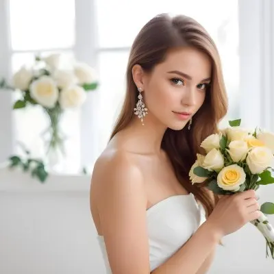 Young Woman With Light Skin And Long Brown Hair Wearing A Strapless White Dress And Large Earrings Holding A Bouquet Of White And Yellow Roses The Background Features Soft Blurred Greenery And Floral Arrangements 17 1156